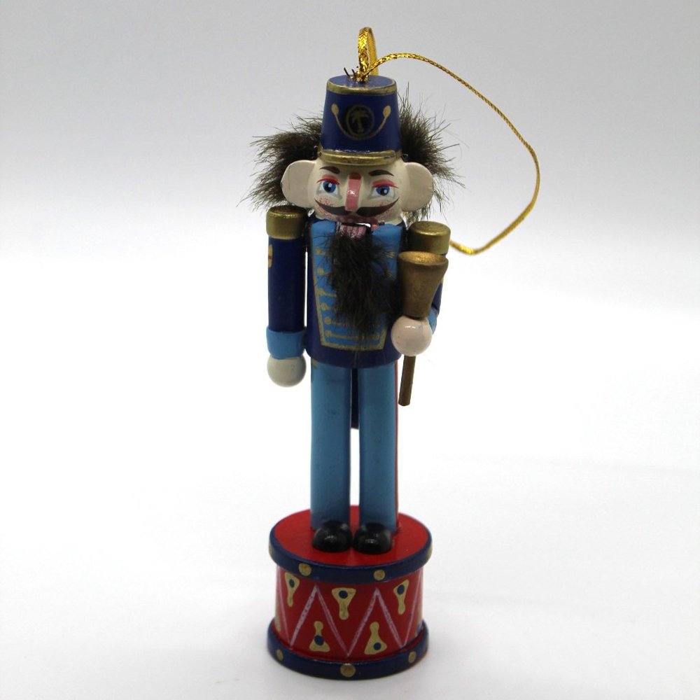 4" Wood Figure Nutcracker Drummer Man Standing on Drums Christmas Ornament EUC